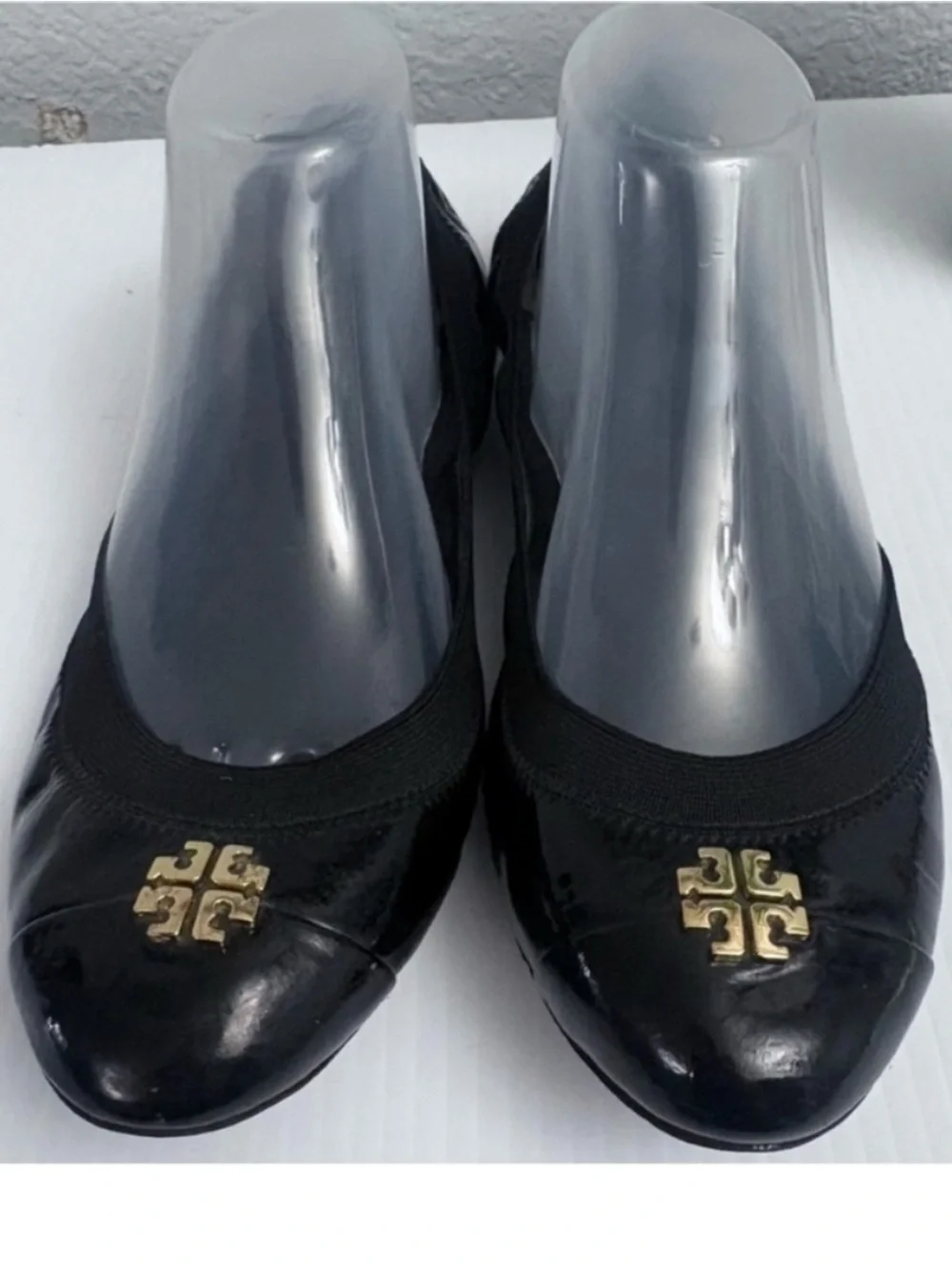 Tory Burch Jolie Elastic Black Patent Leather Logo Ballet Flats Size 10.5
